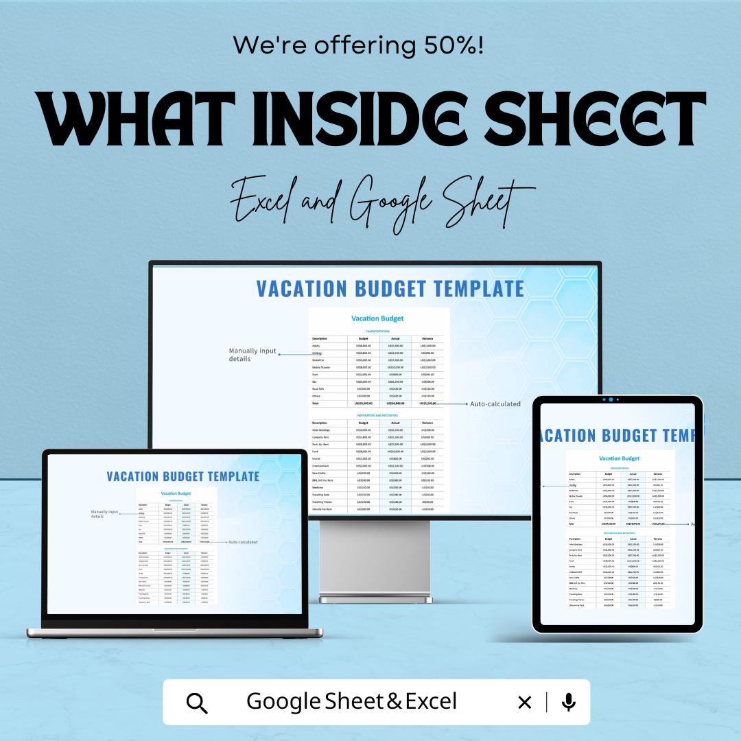 Vacation Budget Sheet | Travel Expense Tracker | Google Sheet & Excel | Trip Planner for Family, Solo, or Group Travel Budgeting