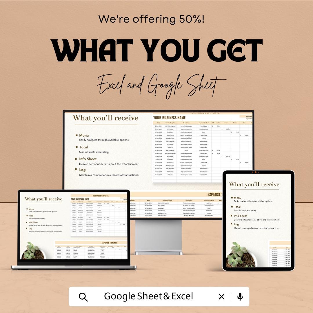 Business Expense Tracker Template, Monthly Expense Spreadsheet, Small Business Budget, Google Sheets & Excel Expense Log
