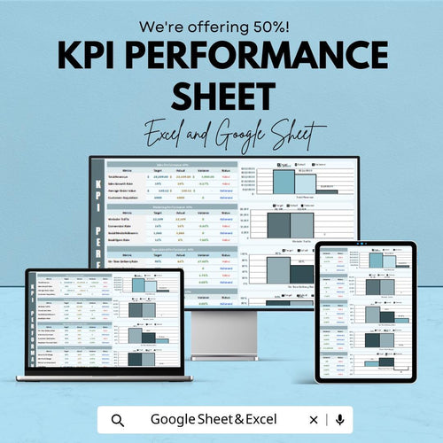 KPI Performance Sheet | Excel & Google Sheets Dashboard for Tracking Key Metrics | Business Performance, and Growth