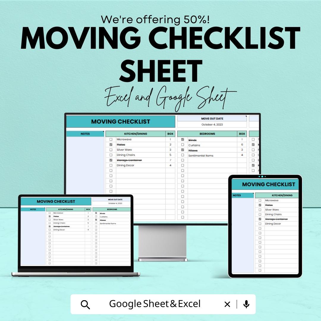 Moving Checklist Sheet - Excel & Google Sheets Template for Easy Organization - Track Your Move with Boxes, Kitchen, Bedroom, and More |