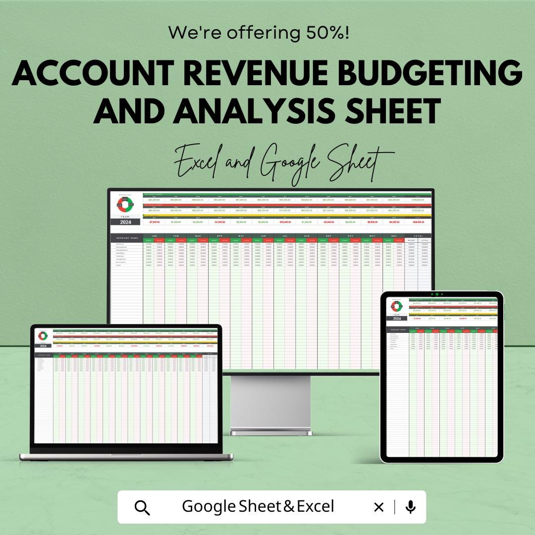 Account Revenue Budgeting & Analysis Template | Revenue Tracker Spreadsheet | Business Budget Planner