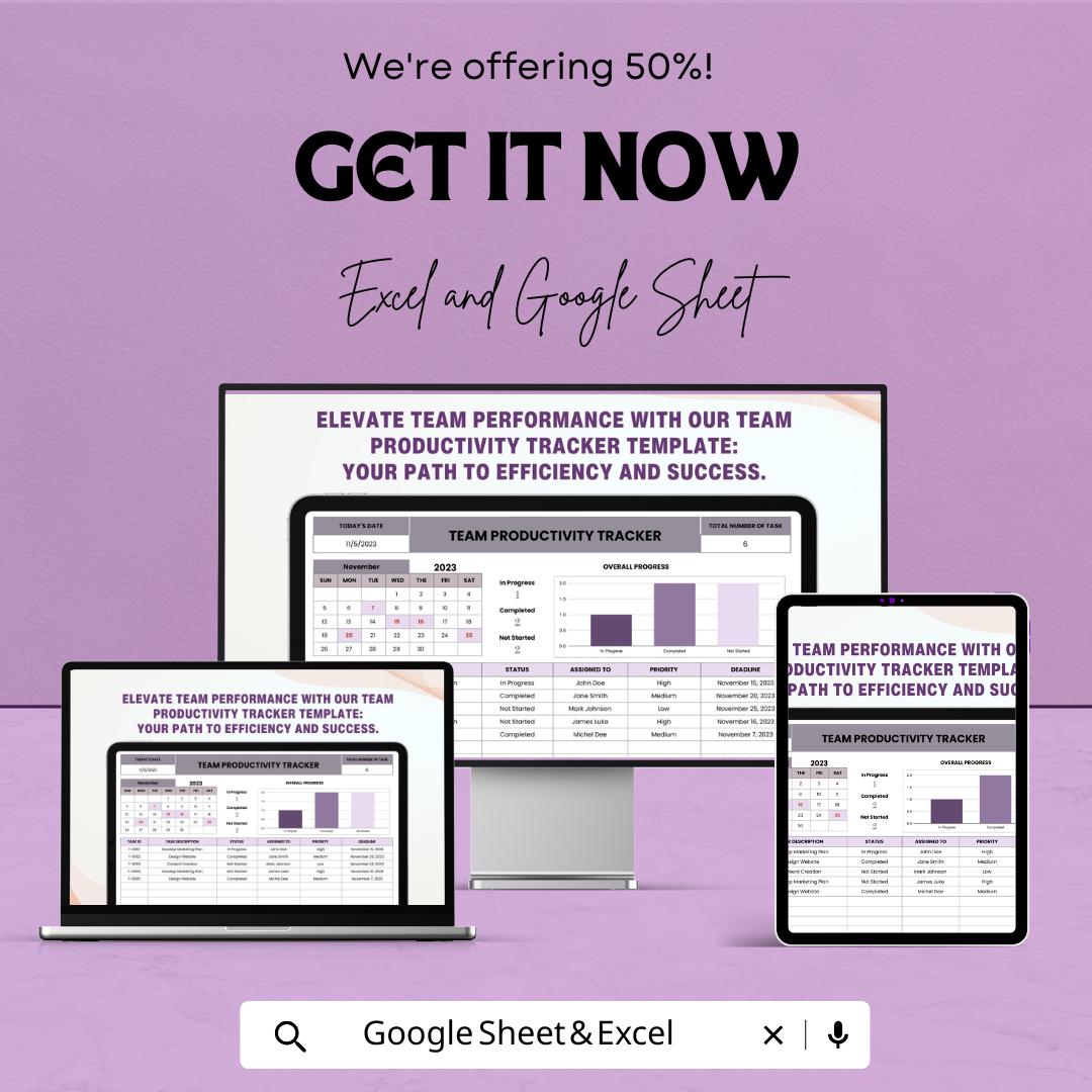 Team Productivity Tracker Template | Task Management Spreadsheet Excel and Google Sheets | Team Performance & Work Tracking Tool