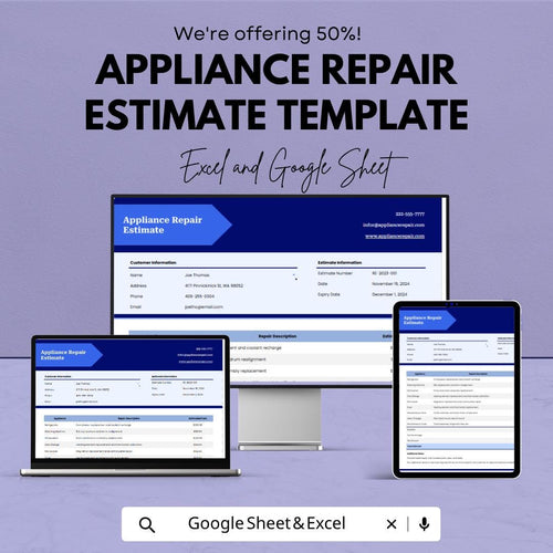 Appliance Repair Estimate Template | Repair Estimate Spreadsheet | Service Invoice Template | Repair Cost Estimate Sheet