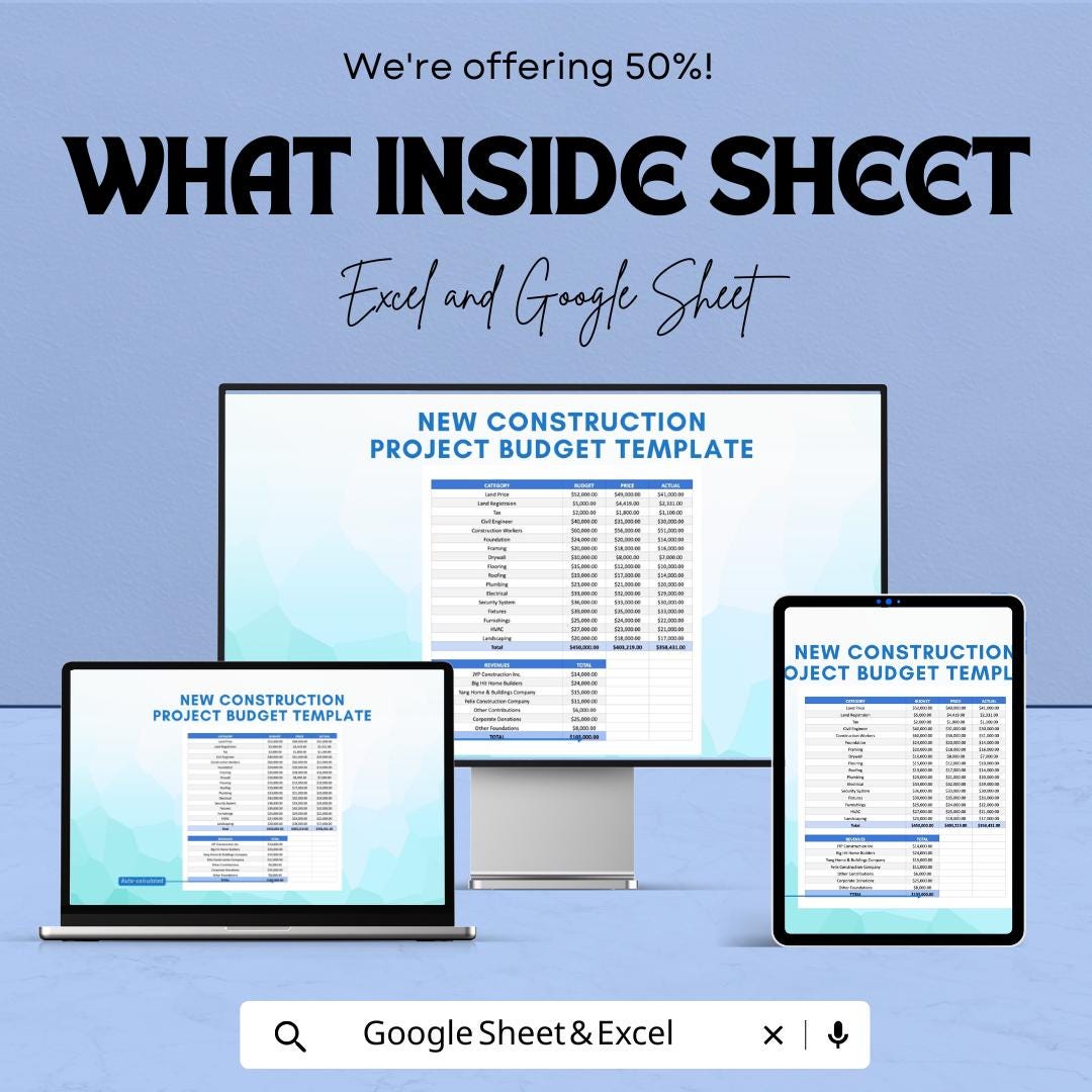 New Construction Project Budget Sheet | Excel & Google Sheets Template | Manage Project Costs Efficiently