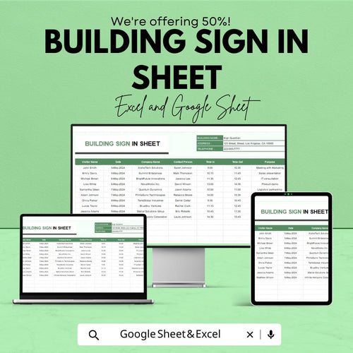 Building Sign In Sheet | Visitor Log Sheet Template | Excel & Google Sheet | Office Sign-In Template | Customizable Attendance Sheet |