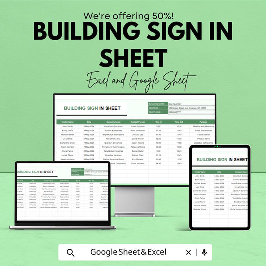 Building Sign In Sheet | Visitor Log Sheet Template | Excel & Google Sheet | Office Sign-In Template | Customizable Attendance Sheet |