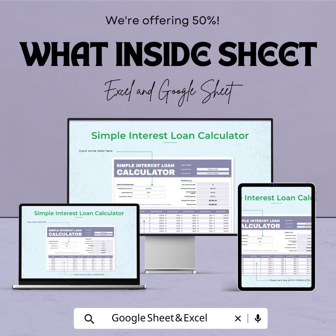 Simple Interest Loan Calculator Sheet | Excel and Google Sheet | Financial Planning Template | Budget & Loan Management | Easy-to-Use