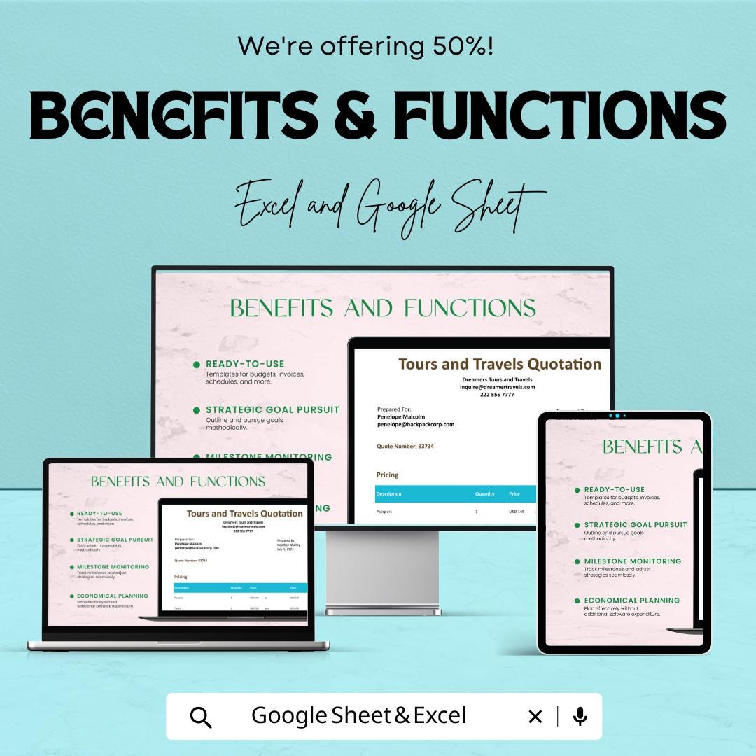 Tours and Travel Quotation Sheet - Excel & Google Sheets Template for Pricing and Invoicing - 50% OFF