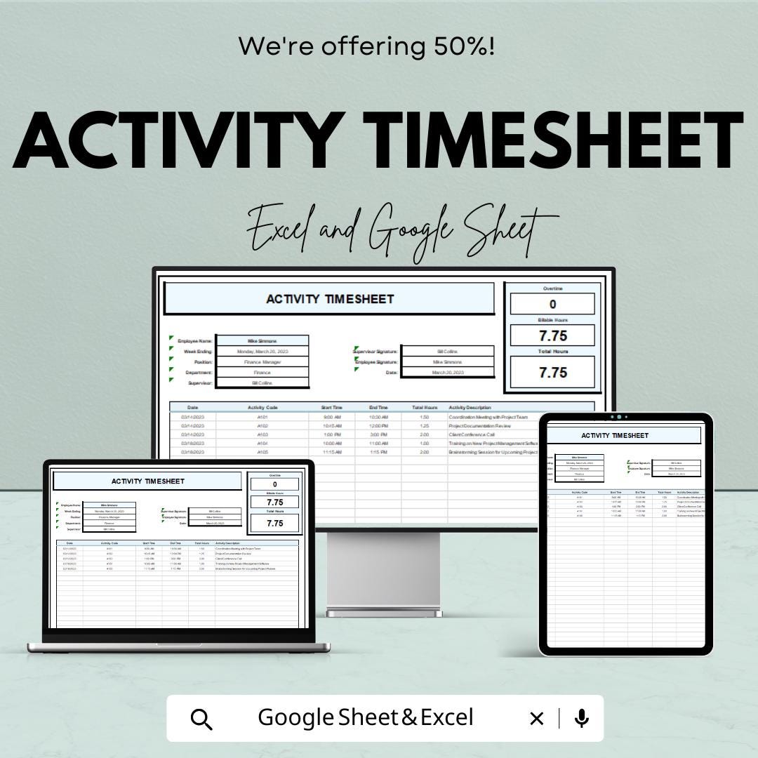 Activity Timesheet Template - Google Sheets, Track Work Hours, Employee Timesheet, Digital Download, Work Log, Printable Timesheet,