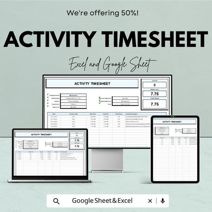 Activity Timesheet Template - Google Sheets, Track Work Hours, Employee Timesheet, Digital Download, Work Log, Printable Timesheet,