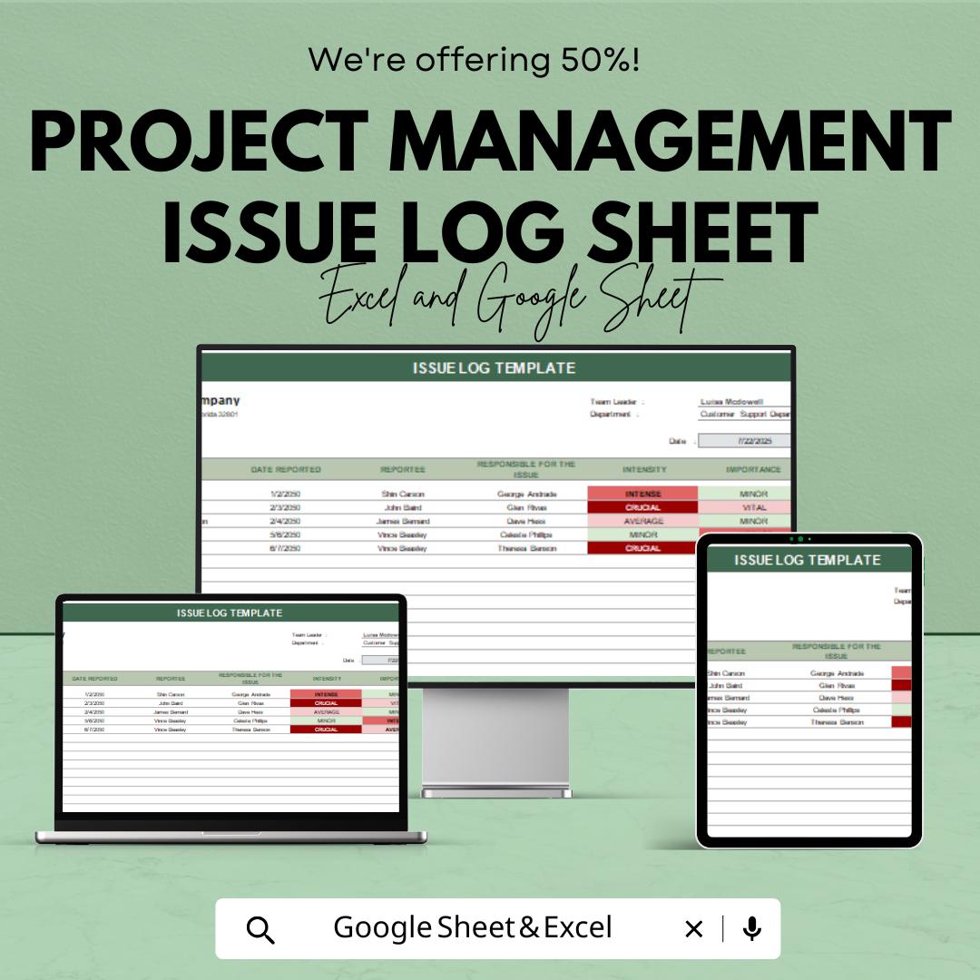 Project Management Issue Log Template | Excel & Google Sheets | Track Project Issues, Prioritize Tasks, Team Task Tracker Spreadsheet