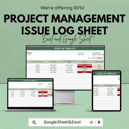 Project Management Issue Log Template | Excel & Google Sheets | Track Project Issues, Prioritize Tasks, Team Task Tracker Spreadsheet