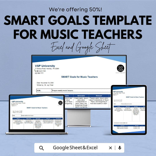 Smart Goals Template for Music Teachers | Lesson Planning Template | Teacher Goal Tracker | Editable SMART Goals Sheet