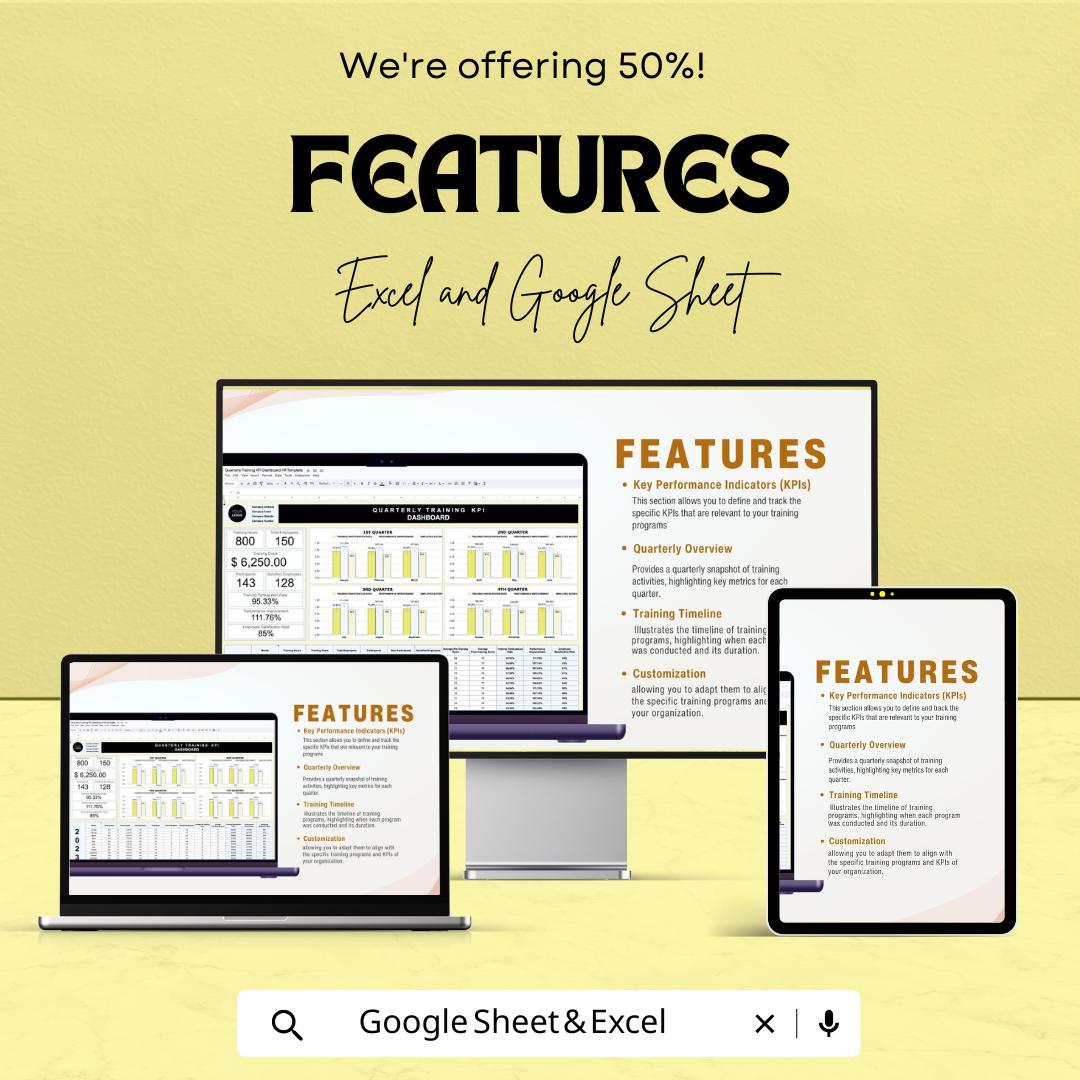 Quarterly Training KPI Dashboard HR | Excel & Google Sheet | Employee Performance Tracker | HR Metrics | Instant Download