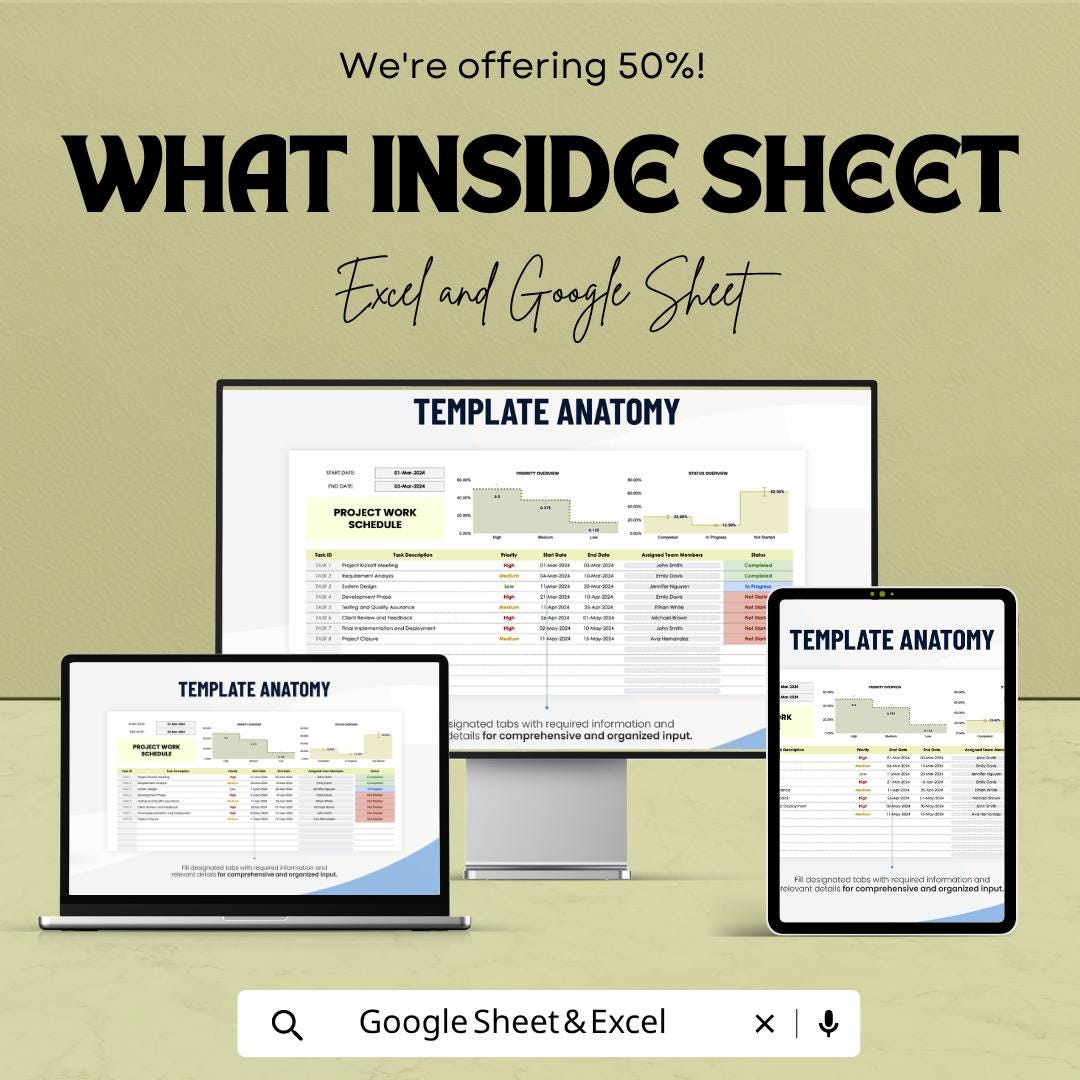 Project Work Schedule Template | Project Planner Spreadsheet | Task Tracker | Timeline Planner | Excel & Google Sheets | Project Management