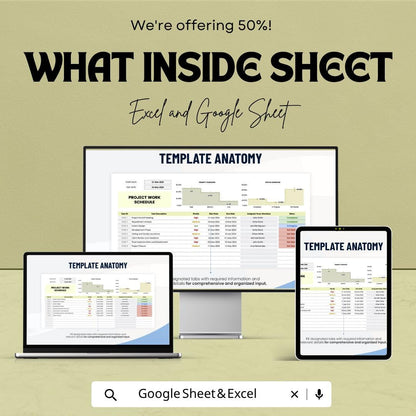 Project Work Schedule Template | Project Planner Spreadsheet | Task Tracker | Timeline Planner | Excel & Google Sheets | Project Management