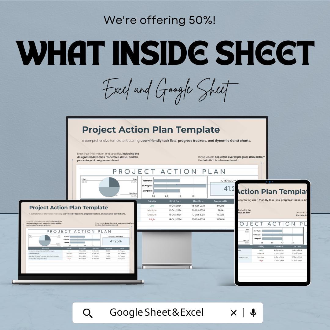 Project Action Plan Sheet | Task and Progress Tracker | Excel & Google Sheet | Project Management Template | Gantt Chart Planner