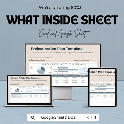 Project Action Plan Sheet | Task and Progress Tracker | Excel & Google Sheet | Project Management Template | Gantt Chart Planner