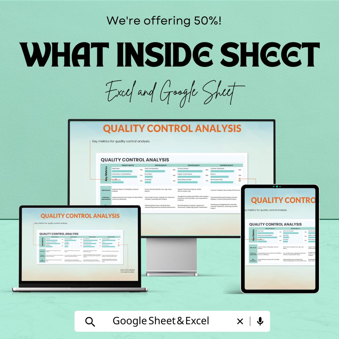 Quality Control Analysis Template | Excel & Google Sheets QC Checklist | Process Quality Tracker | Quality Management Spreadsheet