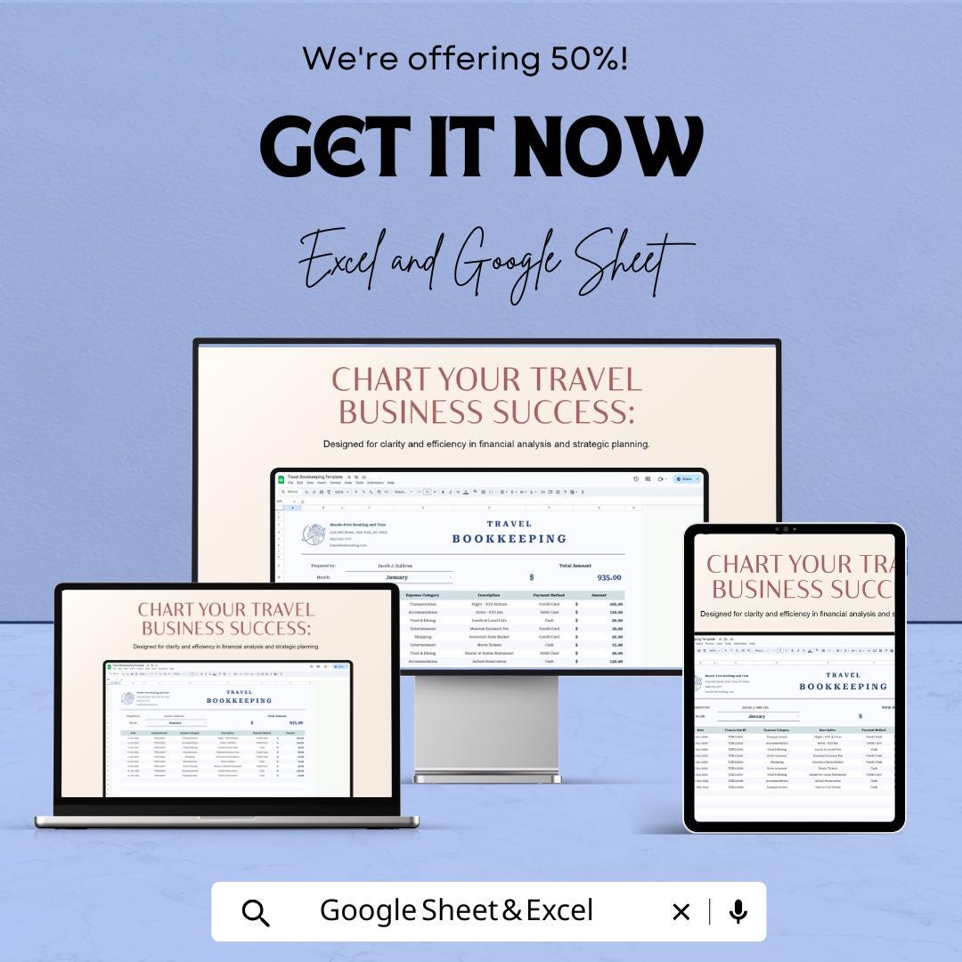 Travel Bookkeeping Sheet | Excel and Google Sheet | 50% OFF | Expense & Income Tracking Template