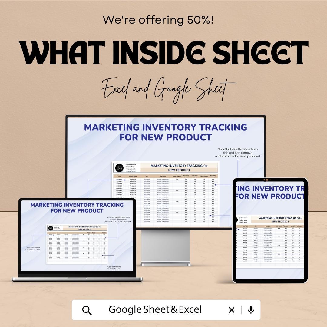 Marketing Inventory Tracking for New Product Template | Excel and Google Sheets | New Product Stock & Inventory Management Spreadsheet