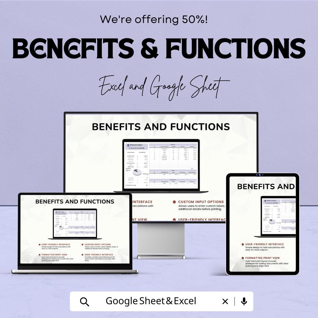 Printable Calculator Sheet | Excel & Google Sheets | Cost Estimator Template | Customizable Calculator for Pricing | Easy-to-Use Budgeting