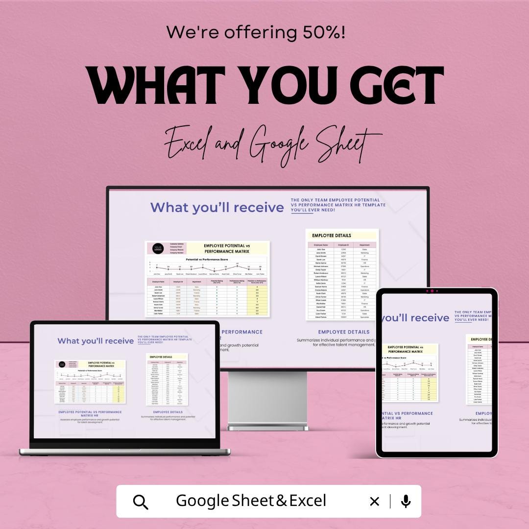 Employee Performance Matrix Template | 9 Box Talent Grid | HR Performance Review Spreadsheet | Excel & Google Sheets | Employee Evaluation