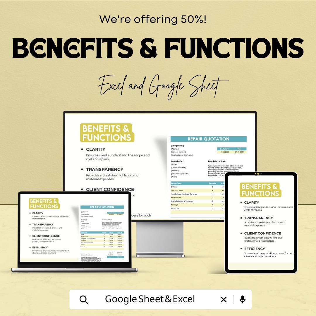 Sample Repair Quotation Sheet - Excel and Google Sheets Template | 50% Off | Construction & Home Repair Quotes