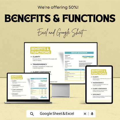 Sample Repair Quotation Sheet - Excel and Google Sheets Template | 50% Off | Construction & Home Repair Quotes