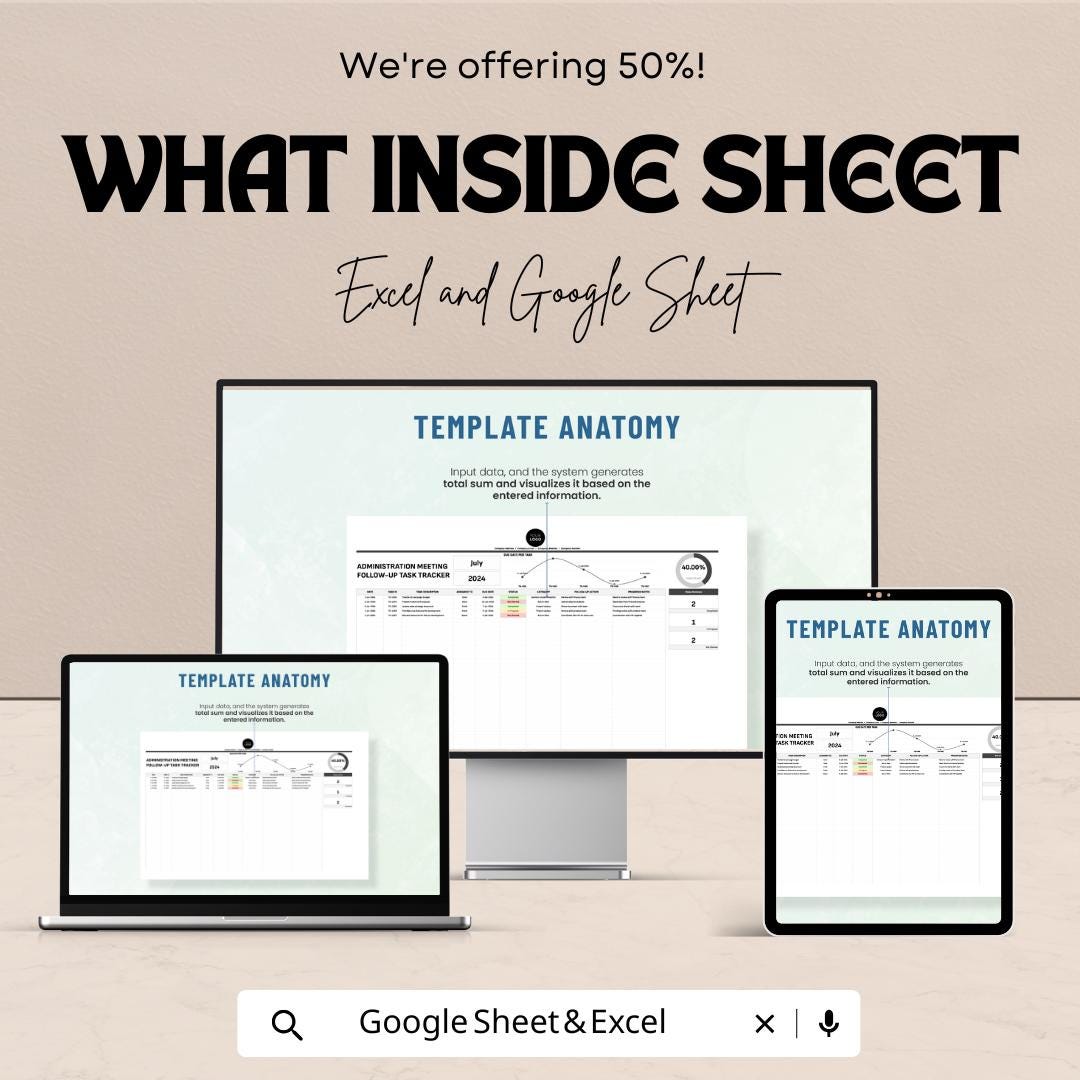 Administration Meeting Follow-Up Task Tracker Sheet | Excel and Google Sheet | Task Management & Progress Tracking | Meeting Notes Template