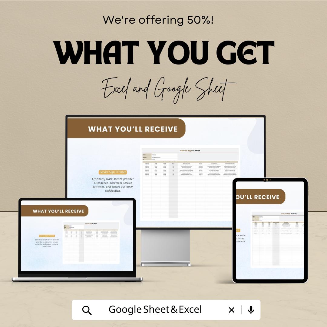 Service Sign In Sheet - Excel and Google Sheets Template | Track Attendance & Service Activities | Service Provider Sign-in Sheet |