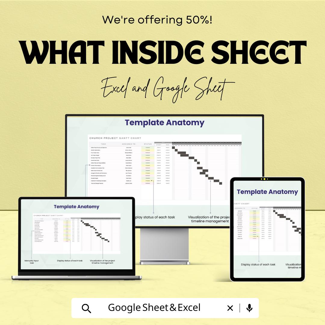 Church Project Gantt Chart Sheet - Excel & Google Sheets Template for Church Project Management