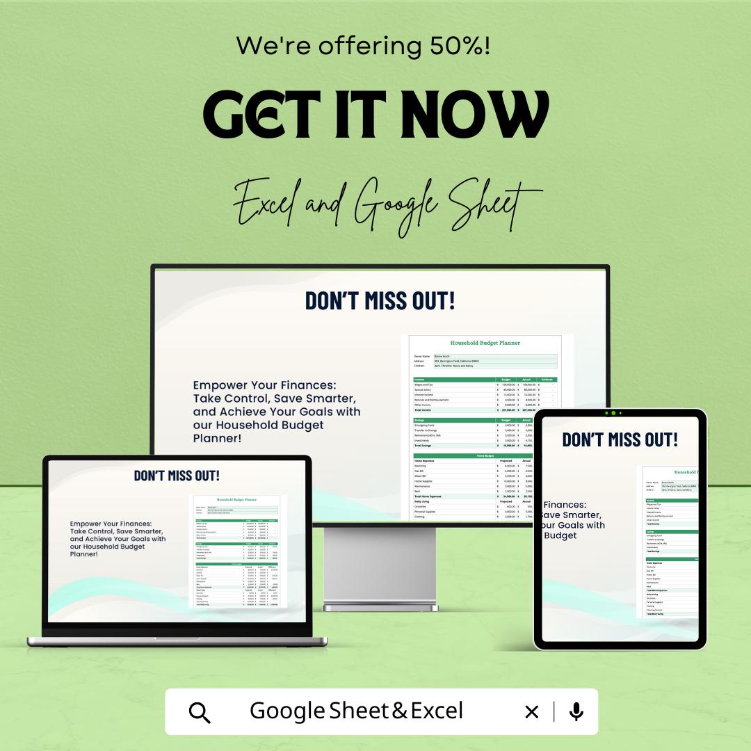 Household Budget Planner Sheet | Google Sheet | Financial Tracker for Budgeting, Expense & Savings Management | Family Budget Template