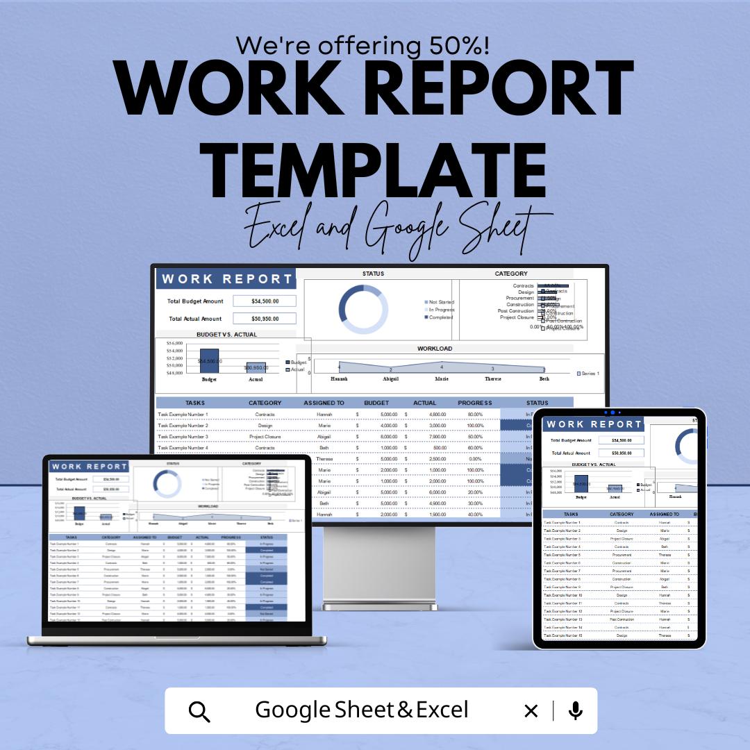 Work Report Template | Project Progress Tracker | Task Management Dashboard | Business Report Sheet | Employee Performance Tracker