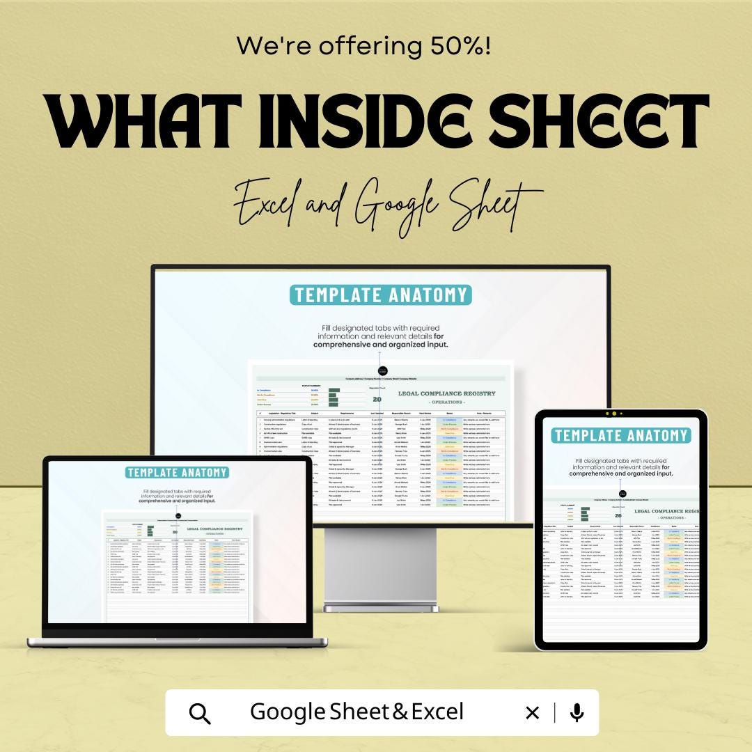 Operations Legal Compliance Registry Template, Legal Compliance Tracker, Regulatory Checklist, Audit Log, Business Compliance Sheet