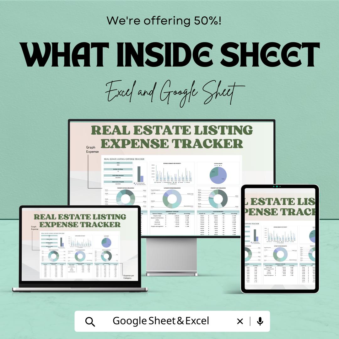 Real Estate Listing Expense Tracker Template, Property Expense Spreadsheet, Realtor Budget Tracker, Excel & Google Sheets