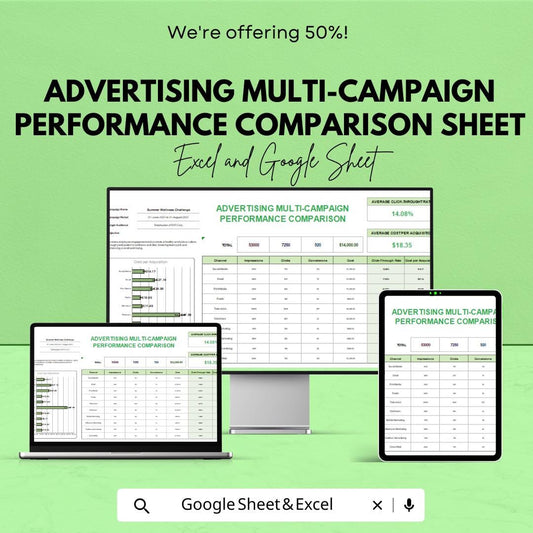 Advertising Multi-Campaign Performance Comparison Template for Excel & Google Sheets | 50% Off!