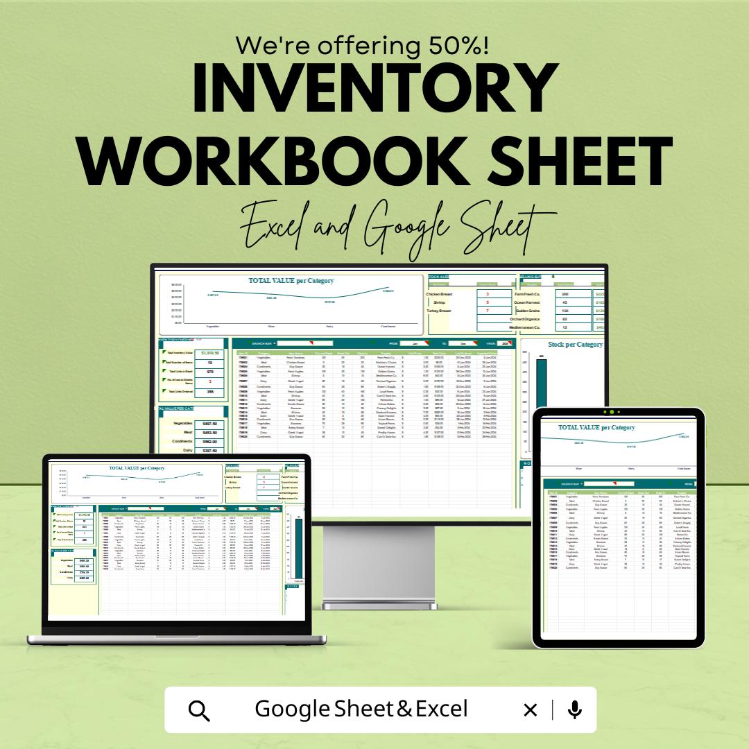 Inventory Workbook | Excel and Google Sheets Template for Inventory Management | Stock Tracking & Valuation Workbook