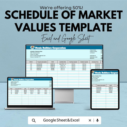 Schedule of Market Values Template Excel Google Sheets | Construction Budget Template | AIA Billing Spreadsheet | Project Cost Tracker |