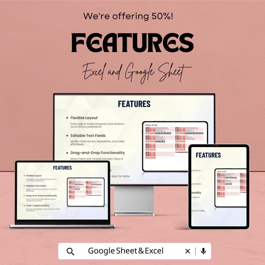 Editable Meal Plan Sheet | Easy Excel and Google Sheet Template for Weekly Meal Planning & Grocery List | Meal Prep Tracker