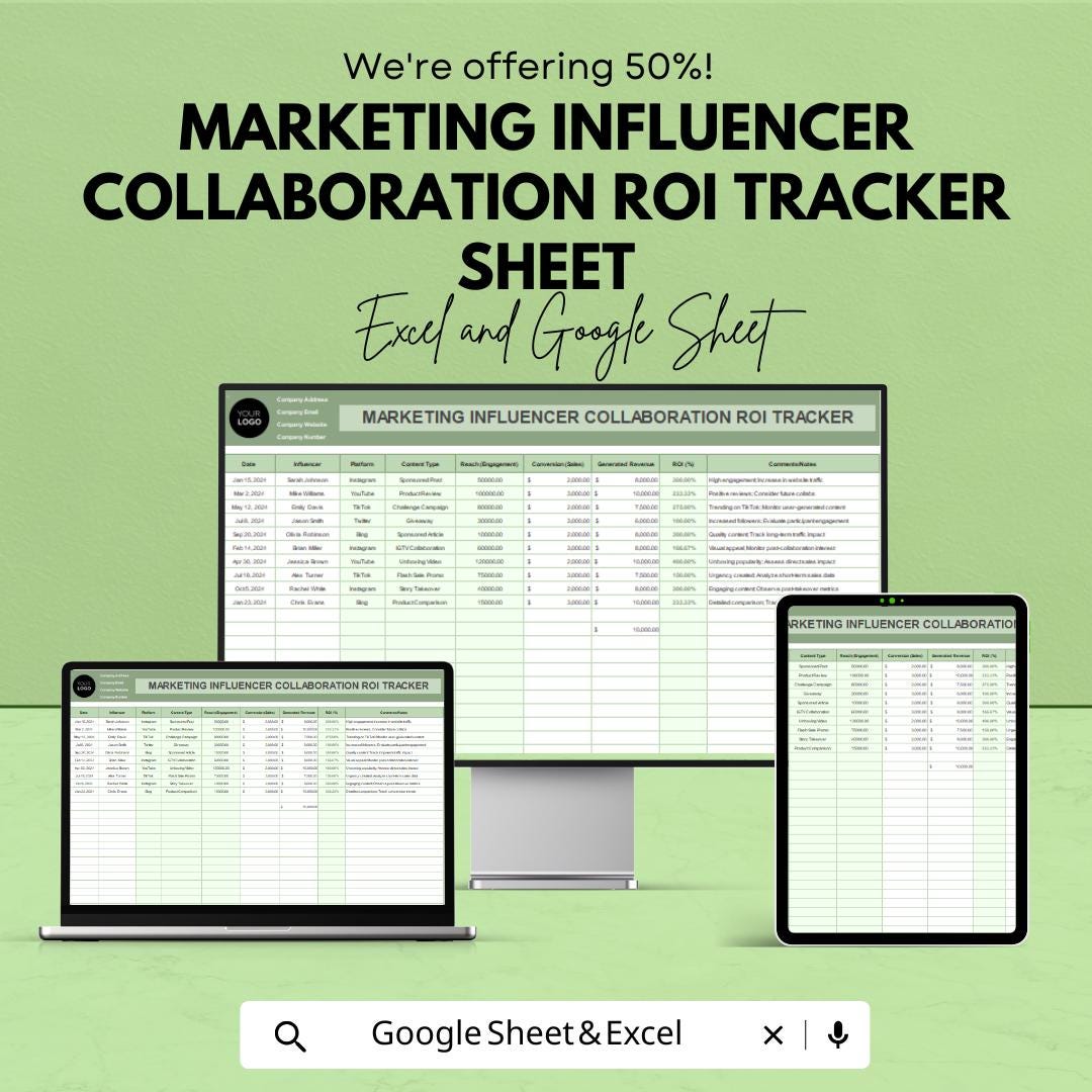 Marketing Influencer ROI Tracker | Excel & Google Sheets Template | Campaign Performance Analytics