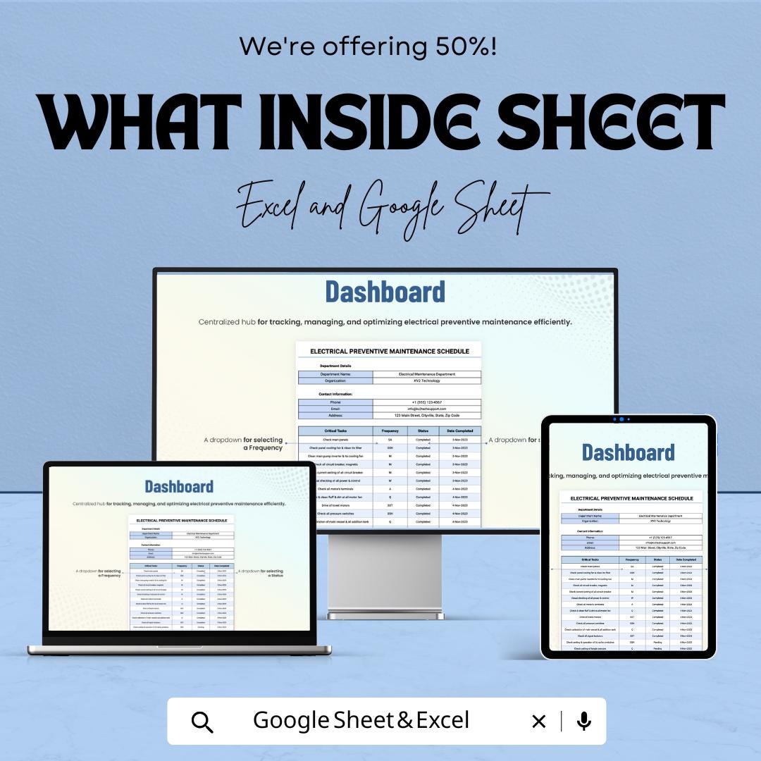 Electrical Preventive Maintenance Schedule Sheet | Excel & Google Sheet Template for Equipment Maintenance