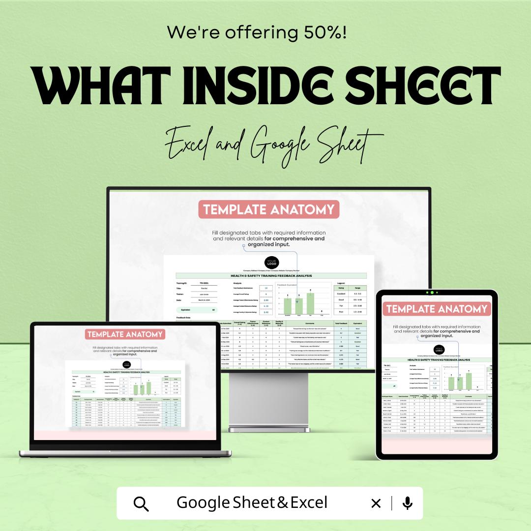 Health & Safety Training Feedback Analysis Template | Excel and Google Sheets | Safety Report | Employee Training Evaluation Tool