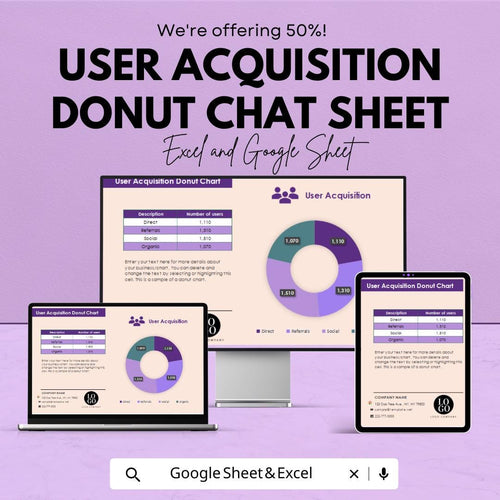 User Acquisition Donut Chart Sheet - Excel and Google Sheets Template | Track Direct, Referral & Organic Sources