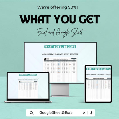 Administration Fixed Asset Register Template | Asset Tracking Spreadsheet | Depreciation Tracker | Business Asset Log