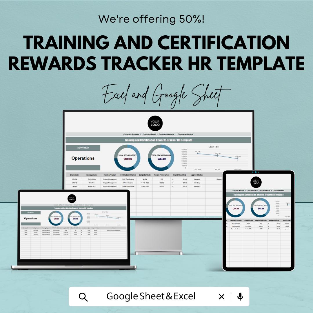 Training & Certification Rewards Tracker HR Template | Excel and Google Sheets | Employee Learning and Incentive Tracker