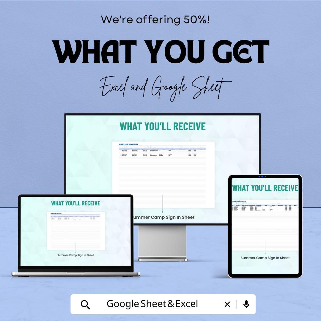 Summer Camp Sign-In Sheet | Excel & Google Sheets | Customizable | Activity Tracking Template | Camper Registration