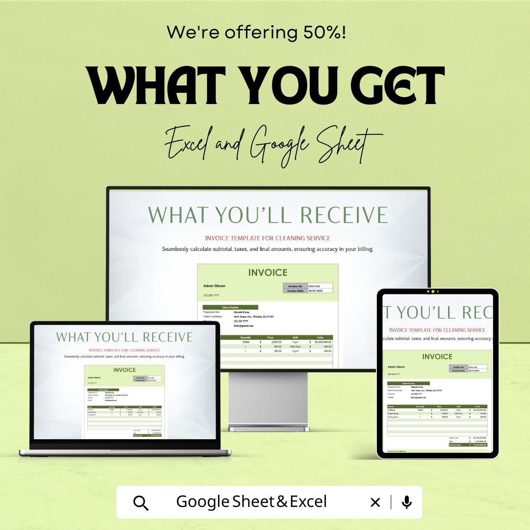 Invoice Sheet for Cleaning Service | Excel & Google Sheets Template | Easy Billing for Cleaners