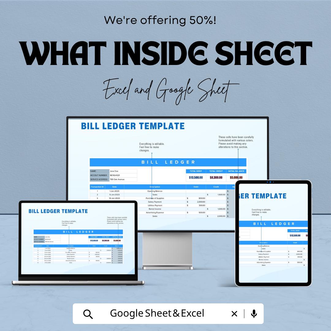 Bill Ledger Template | Expense Tracker Spreadsheet | Financial Record Keeper | Excel & Google Sheets Budget Template | Accounting Ledger