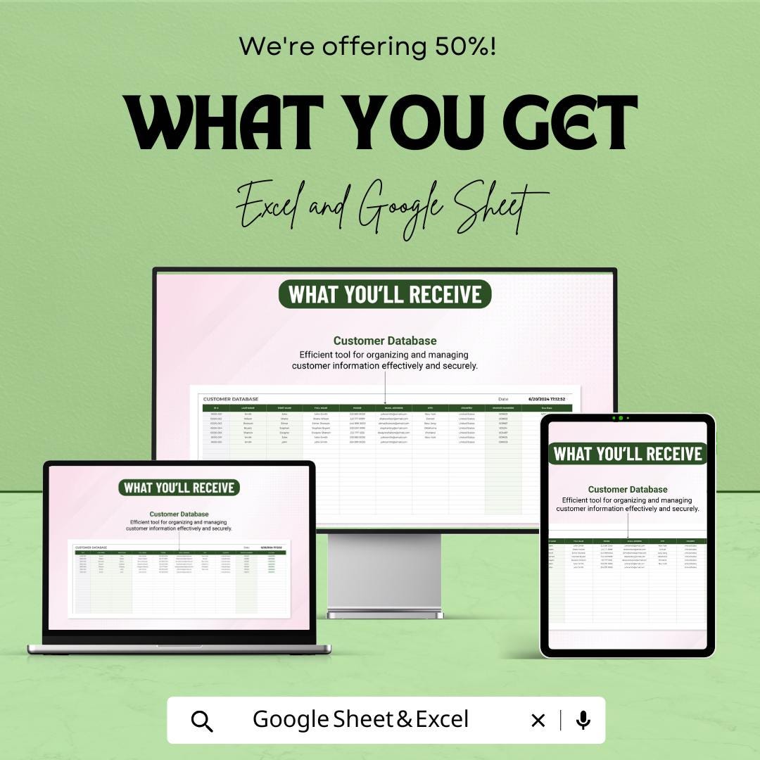 Customer Database Excel Template | Excel & Google Sheets Client Management System | Customer Records Tracker | Business Database Spreadsheet